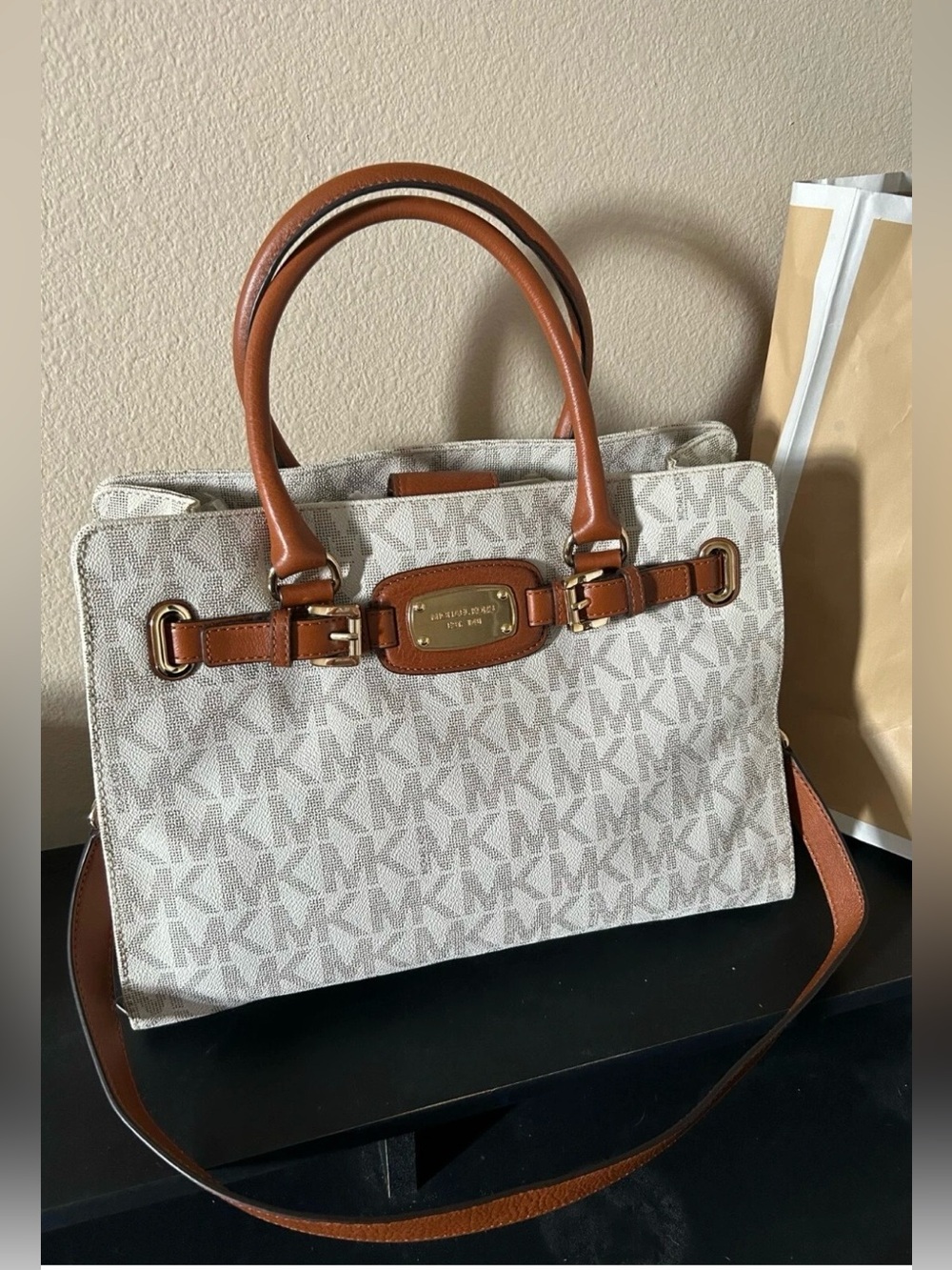 Michael Kors Beige MK Logo Satchel with Brown Leather Trim - Picture 1 of 6